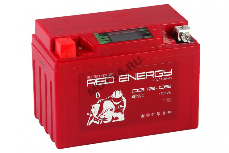 Аккумулятор 12В 9Ач RED ENERGY DS1209 (YTX9-BS) С ДИСПЛЕЕМ (гелевый) (прямая полярн) (150*86*108мм)