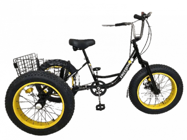 Велосипед 20 Fat BIKE FREEDOM (УВЕЛИЧ. ПОКРЫШКИ (4) ,трицикл,рама 13: сталь, диск. пер. тормоз,1 ск, корзина задняя,чёрно-жёлтый)
