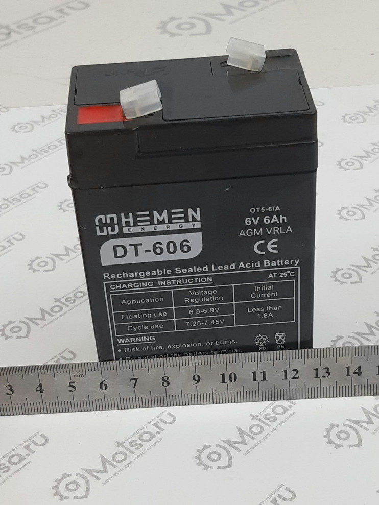 Аккумулятор герметичный 6В 5Aч HEMEN ENERGY DT605(OT5-6/A) (аналог DT606) (70x48x100mm)(электромашинки)