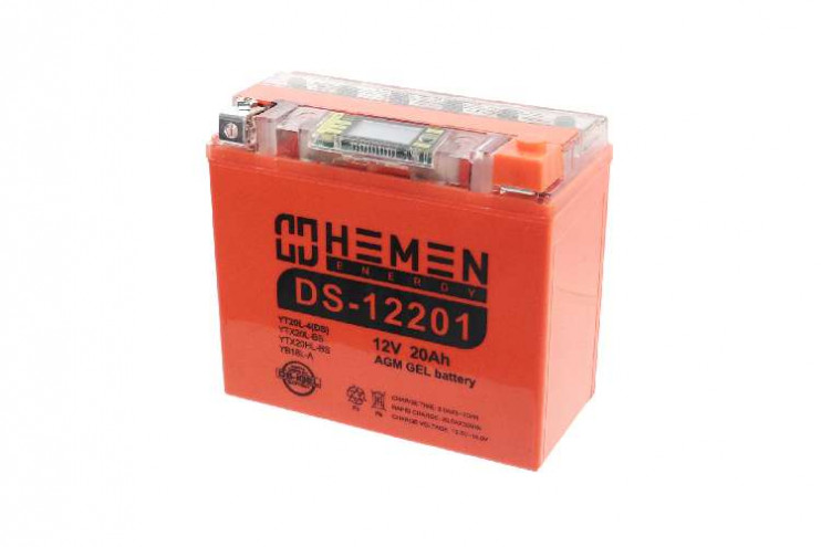 Аккумулятор 12В20Ач HEMEN ENERGY DS12201 YTX20L-BS С ДИСПЛЕЕМ гелевый обр пол 175-87-154мм