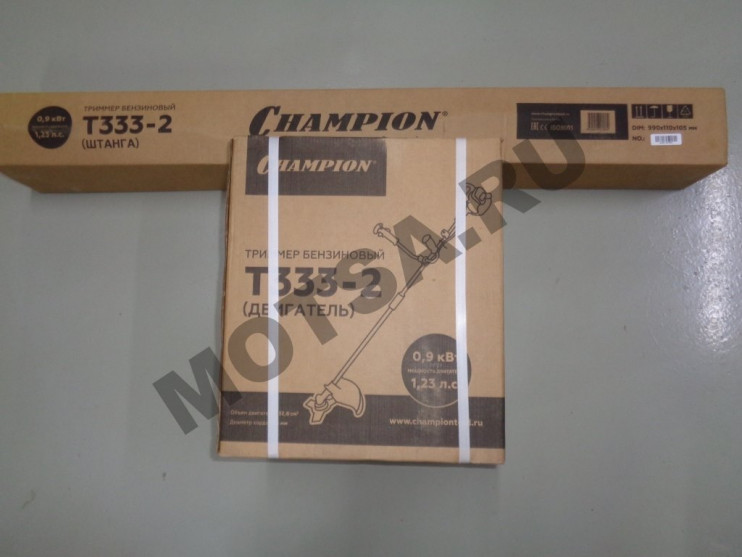 Мотокоса CHAMPION Т333-2 (0.9кВт/1.22л.с,32.6см3,разъемн.прямая штанга U-ручка, леска 2.5мм,7.6кг)