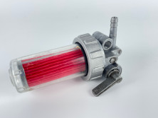 Кран топливный с пластиковым стаканом (с креплением на картер, штуцеры сбоку) R180